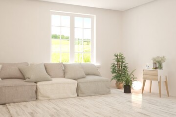 White living room with sofa. Scandinavian interior design. 3D illustration