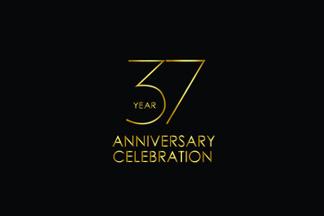 Luxury Black Gold 37 years anniversary, minimalist logo years, jubilee, Ribbon greeting card. Birthday invitation. Gold space vector illustration on black background - Vector