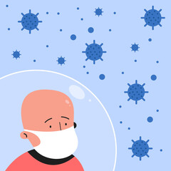 Fototapeta premium A child in a medical mask stands in a protective bubble. Children are protected from the new coronavirus.