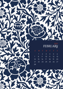 February 2021 editable calendar template vector with William Morris floral pattern