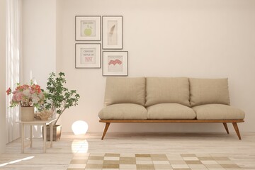 White living room with sofa. Scandinavian interior design. 3D illustration