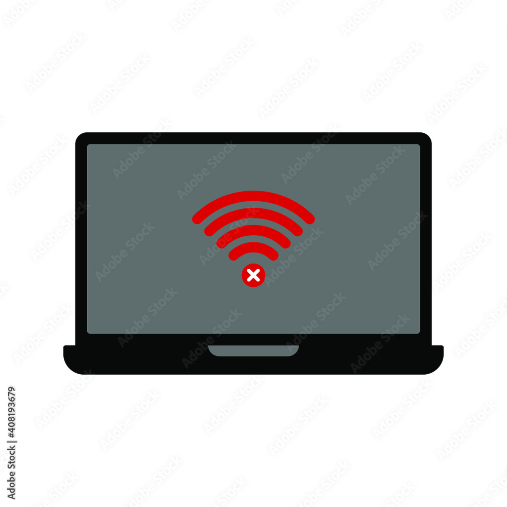 Poster laptop with wifi icon isolated. no wifi signal sign. notebook screen template. vector illustration
