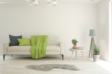 White living room with sofa. Scandinavian interior design. 3D illustration