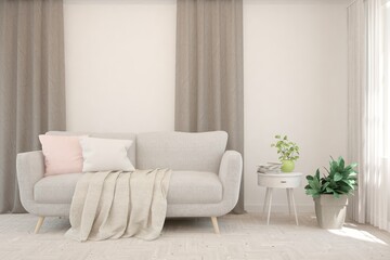 White living room with sofa. Scandinavian interior design. 3D illustration