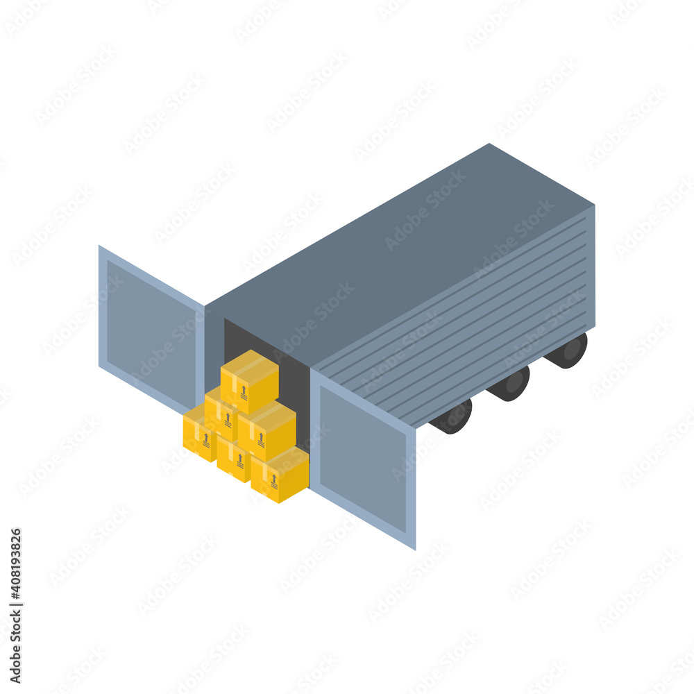 Poster delivery and logistics isometric boxesin front of container vector design