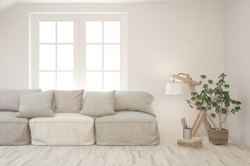 White living room with sofa. Scandinavian interior design. 3D illustration