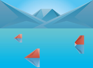 Polygonal landscape of sea with stones and mountains vector design