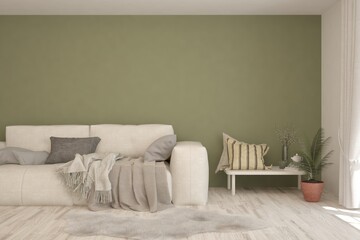 Green living room with sofa. Scandinavian interior design. 3D illustration
