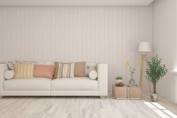 White living room with sofa. Scandinavian interior design. 3D illustration