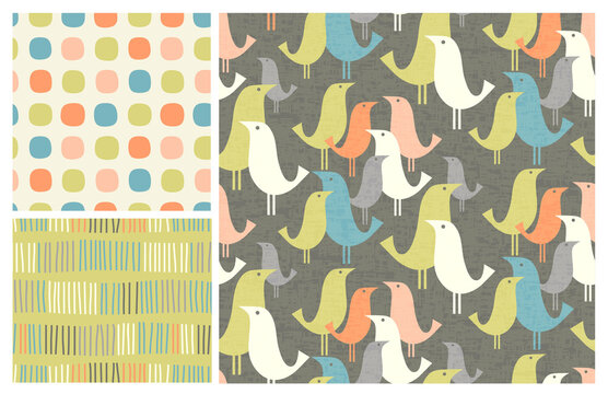 Spring mid-century modern birds seamless pattern with 2 coordinating patterns. Fresh designs for fabric, gift wrap, cards, backgrounds and decor.