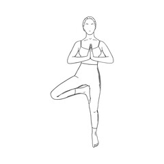 Yoga tree pose or Vrikshasana. Female relaxing yoga pose. Sketch vector illustration isolated on white background