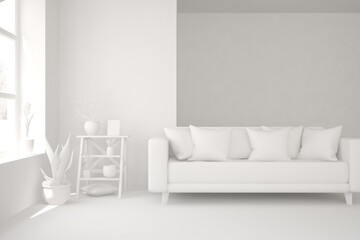 White minimalist living room with sofa. Scandinavian interior design. 3D illustration
