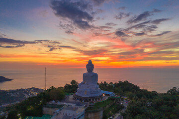 aerial photography scenery sunset at Phuket big Buddha. Phuket Big Buddha is one of the island most .important and revered landmarks on Phuket island. © Narong Niemhom