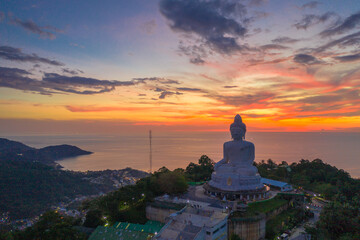 aerial photography scenery sunset at Phuket big Buddha. Phuket Big Buddha is one of the island most .important and revered landmarks on Phuket island. © Narong Niemhom