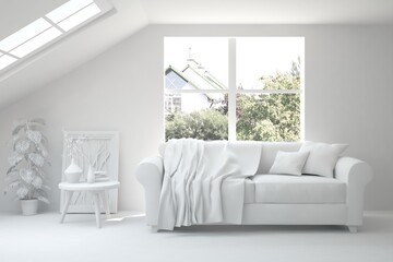 White minimalist living room with sofa. Scandinavian interior design. 3D illustration