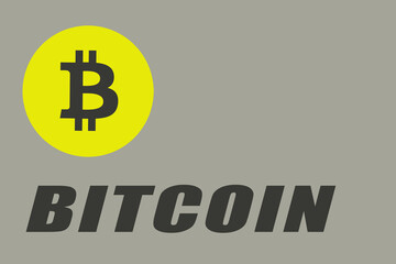 Icon and the word bitcoin. Yellow and black on a gray background. View from above.