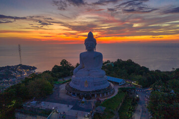 aerial photography scenery sunset at Phuket big Buddha. Phuket Big Buddha is one of the island most .important and revered landmarks on Phuket island. © Narong Niemhom