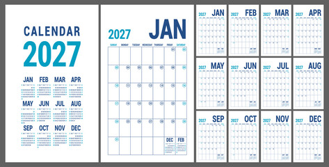 Planner 2027 year. English blue calendar template. Vector grid. Office business planning. Creative design