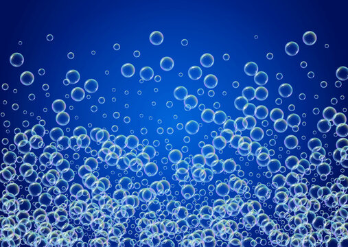 Shampoo bubble. Detergent bath foam, suds and soap for bathtub. 3d vector illustration flyer. Minimal fizz and splash. Realistic water frame and border. Blue colorful liquid shampoo bubble.