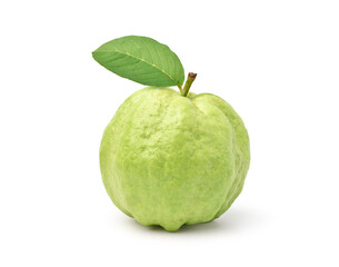 Guava fruit with leaf isolated on white background. Clipping path.