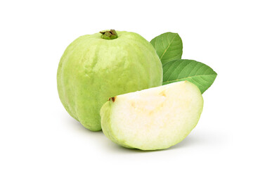 Guava fruit with sliced and leaf isolated on white background. Clipping path.