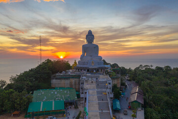 aerial photography scenery sunset at Phuket big Buddha. Phuket Big Buddha is one of the island most .important and revered landmarks on Phuket island. © Narong Niemhom