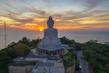 aerial photography scenery sunset at Phuket big Buddha. Phuket Big Buddha is one of the island most .important and revered landmarks on Phuket island. © Narong Niemhom