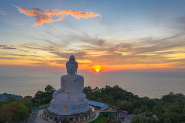 aerial photography scenery sunset at Phuket big Buddha. Phuket Big Buddha is one of the island most .important and revered landmarks on Phuket island. © Narong Niemhom