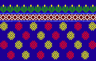 Seamless pattern with elements, blue background With yellow, red, white geometric pattern It has green flowers, pronounced yellow shoots.