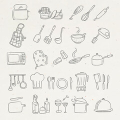 Cute kitchen utensils doodle sticker set vector
