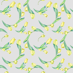 Yellow tulips against grey background. Golden tulips against silver foliage background. Golden floral background. Golden flowers background. Yellow floral backdrop. Yellow and grey abstract art.