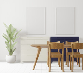 A couple of mock up poster frame in modern interior background behind of table in living room with a trees, 3D render, 3D illustration