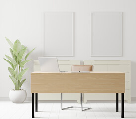 A couple of mock up poster frame in modern interior background behind of table in office room with a tree, 3D render, 3D illustration