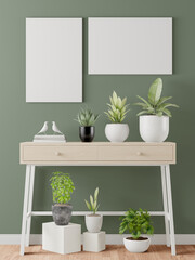 A couple of mock up poster frame in modern interior background top of table in living room with some trees, 3D render, 3D illustration
