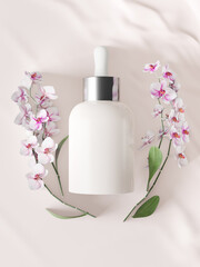 A mock up of realistic White blank clean body lotion bottle isolated in light background with flowers, 3D render, 3D illustration