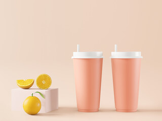 A mock up of realistic light orange blank paper cups with plastic lid. Coffee to go, take out mug, 3D render, 3D illustration