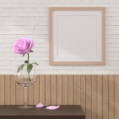 A of mock up poster frame in modern wooden interior background with flower, 3D render, 3D illustration