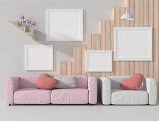 A couple of mock up poster frame in modern interior background in living room behind of couch with some flowers, 3D render, 3D illustration