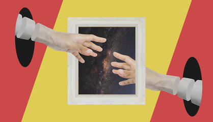 Digital collage modern art, Two Hand reaching through retro picture frame