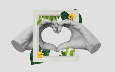 Digital collage modern art, Hands making Heart symbol, with retro picture frame and tropical leaves and flower