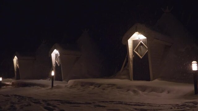 Small shelters called LAVU in the freezing night of Finland.