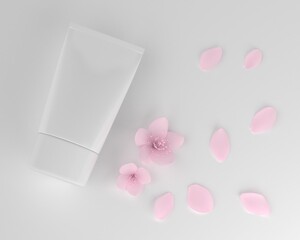 A mock up of realistic White blank cosmetic tube isolated on white background with flower, 3d rendering , 3D illustration