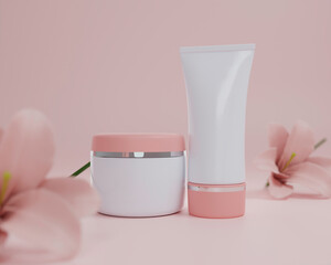 A mock up of realistic blank cosmetic tube and jar isolated on light pink floral background, 3d rendering , 3D illustration
