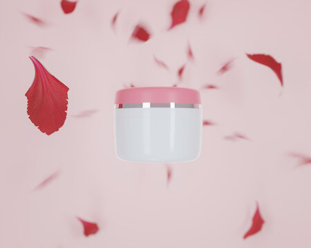 A mock up of realistic blank cosmetic jar isolated on light pink floral background, 3d rendering , 3D illustration
