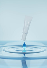A mock up of realistic White blank cosmetic tube isolated on blue water drop background, 3d rendering , 3D illustration