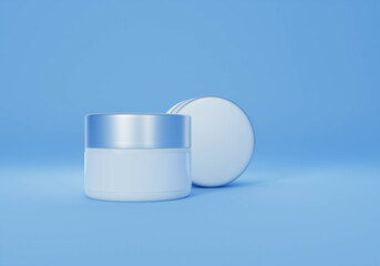 A mock up of realistic White blank cosmetic jar isolated on light blue background, 3d rendering , 3D illustration