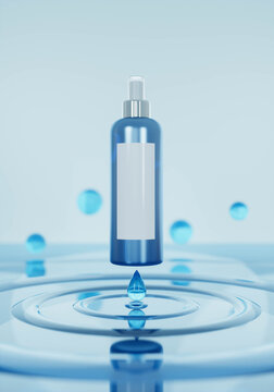 A Mock Up Of Blank Realistic Spray Bottle Isolated On Light Blue Water Drop Background, 3d Rendering , 3D Illustration