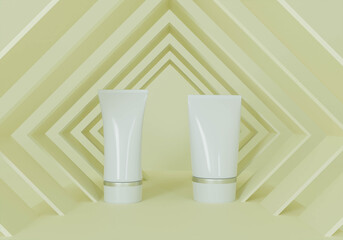 A mock up of realistic White blank cosmetic tube isolated on light olive background, 3d rendering , 3D illustration