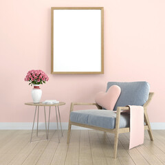 valentine home interior, luxury wooden floor modern living room interior, light pink wall with a mock up poster frame,  chair and coffee table, 3d rendering