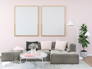 Home interior, luxury modern living room interior, light pink wall with couple of mock up poster frame,  couch and coffee table and a tree, 3d rendering